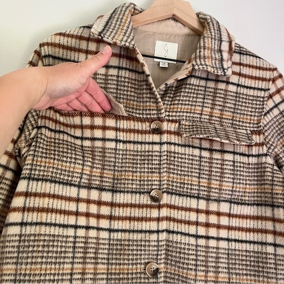 Joie Wool Women’s Button Front Pockets Plaid Jacket Shacket Tan Brown Size Small - Picture 8 of 9
